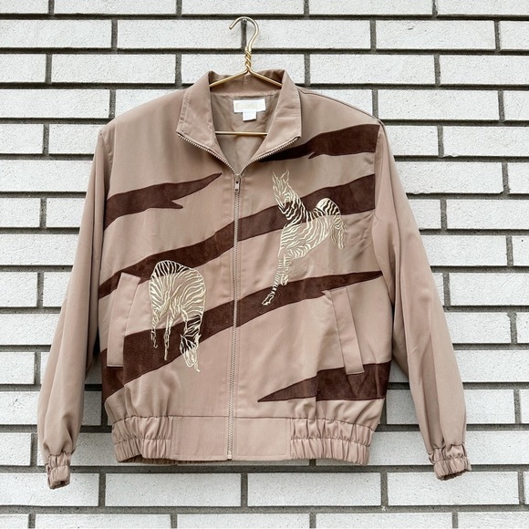 Vintage Kelly Lynn Tan Grandpa Jacket Gold Zebra Embroidered Full Zip - Picture 1 of 10